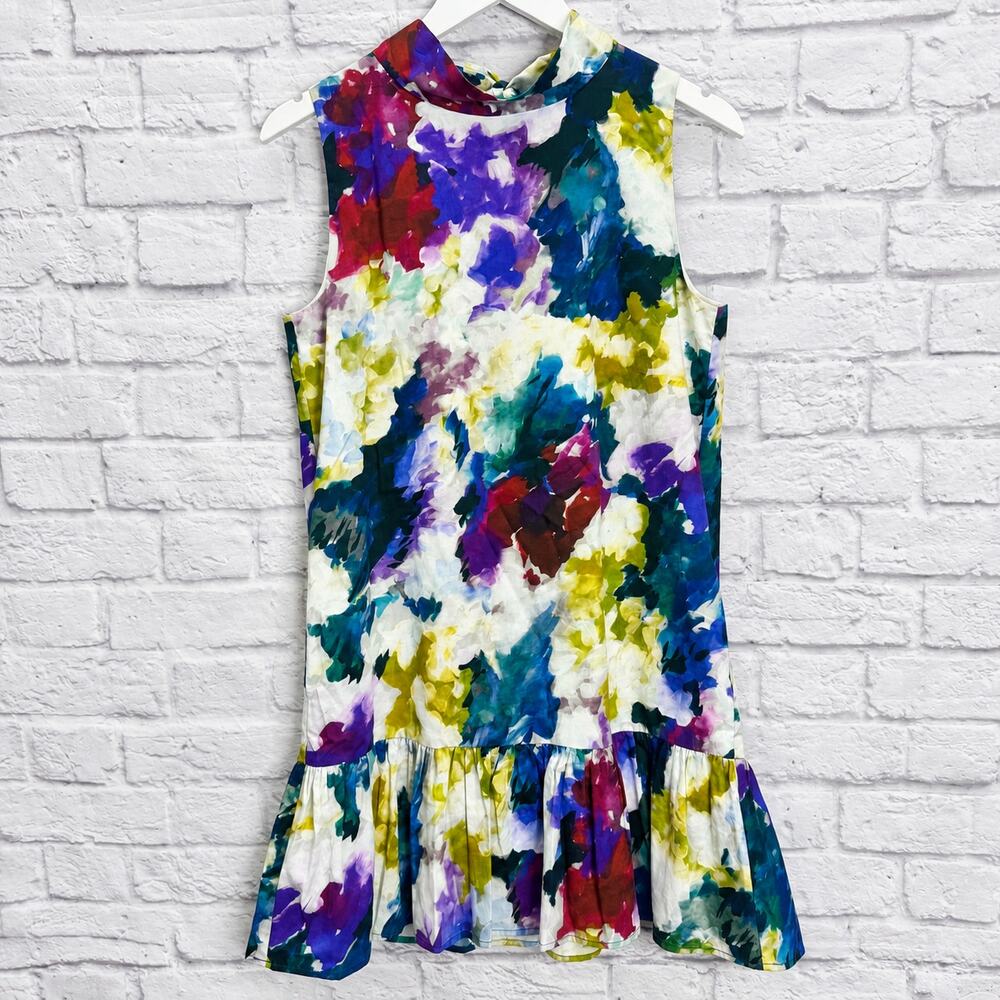 LaRoque Sleeveless Ruffle Hem Dress Size S Multicolor Watercolor Floral Tie